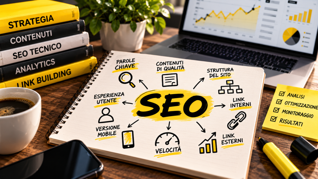 Quaderno con lo schema della SEO accanto a un portatile