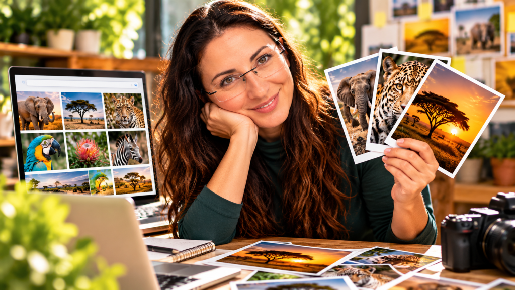 Illustrazione di una donna che mostra stampe di fotografie su una scrivania