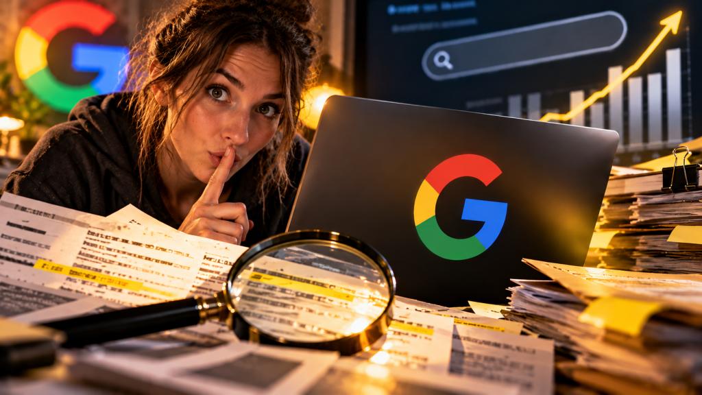 Illustrazione di una donna alla scrivania con il logo di Google e una lente d’ingrandimento