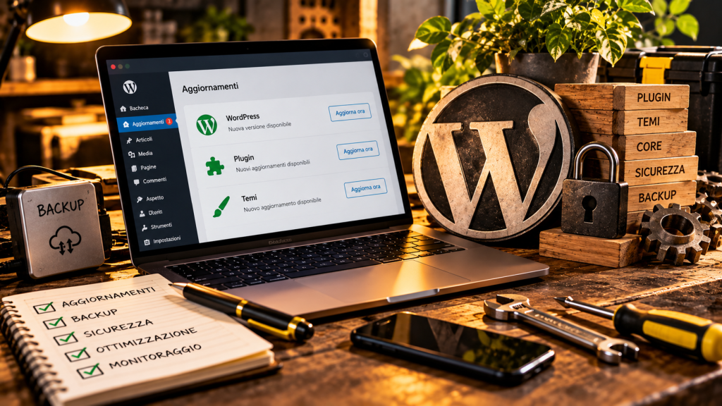 Portatile con il pannello di WordPress su una scrivania