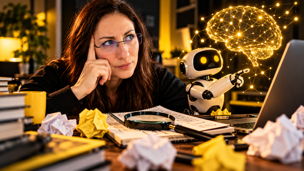 Illustrazione di una donna con un piccolo robot che le suggerisce idee
