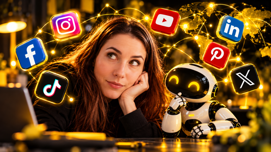 Illustrazione di una donna circondata dalle icone dei social e da piccoli robot